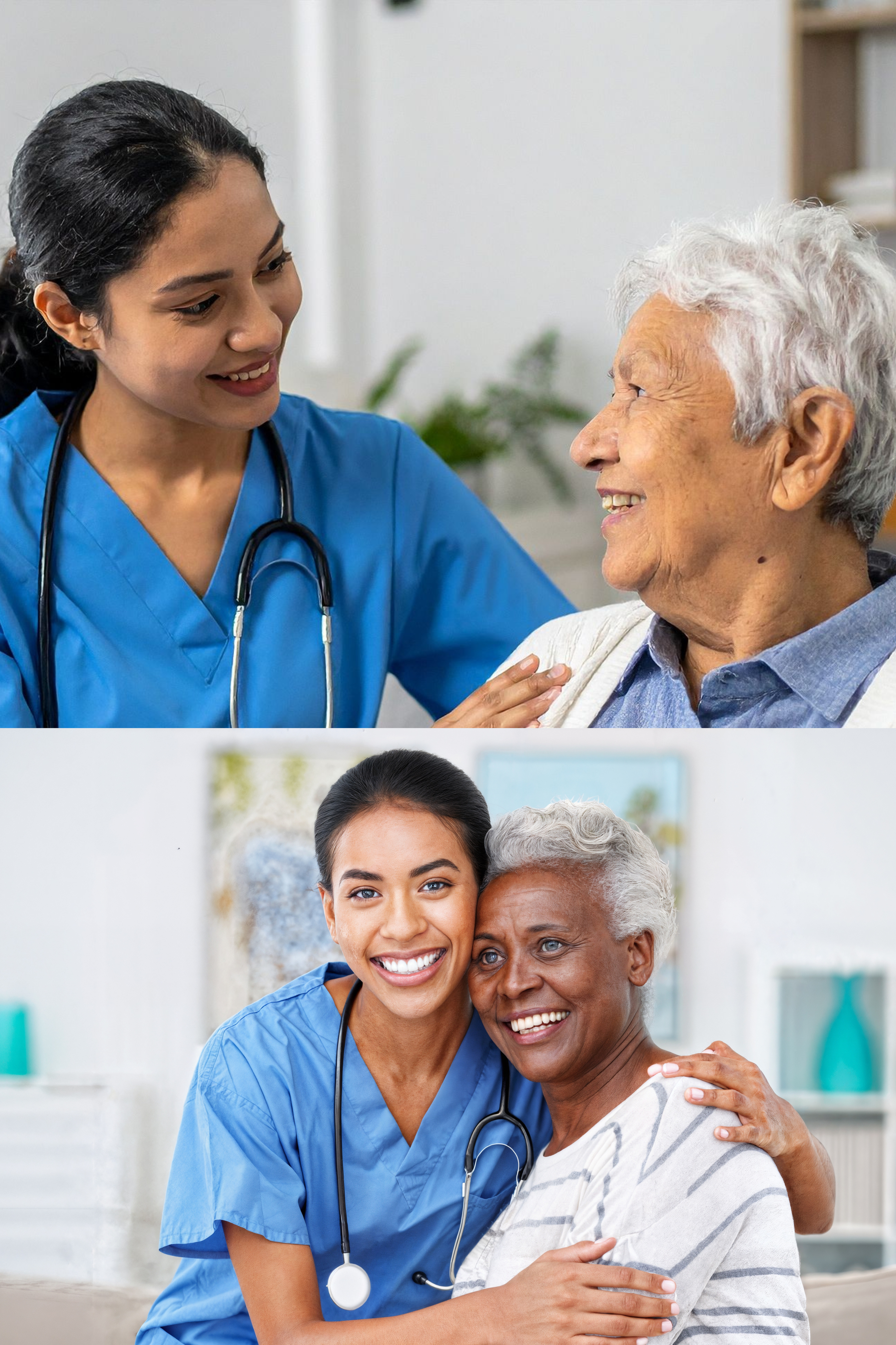 Smiling nurse and older woman laughing together.